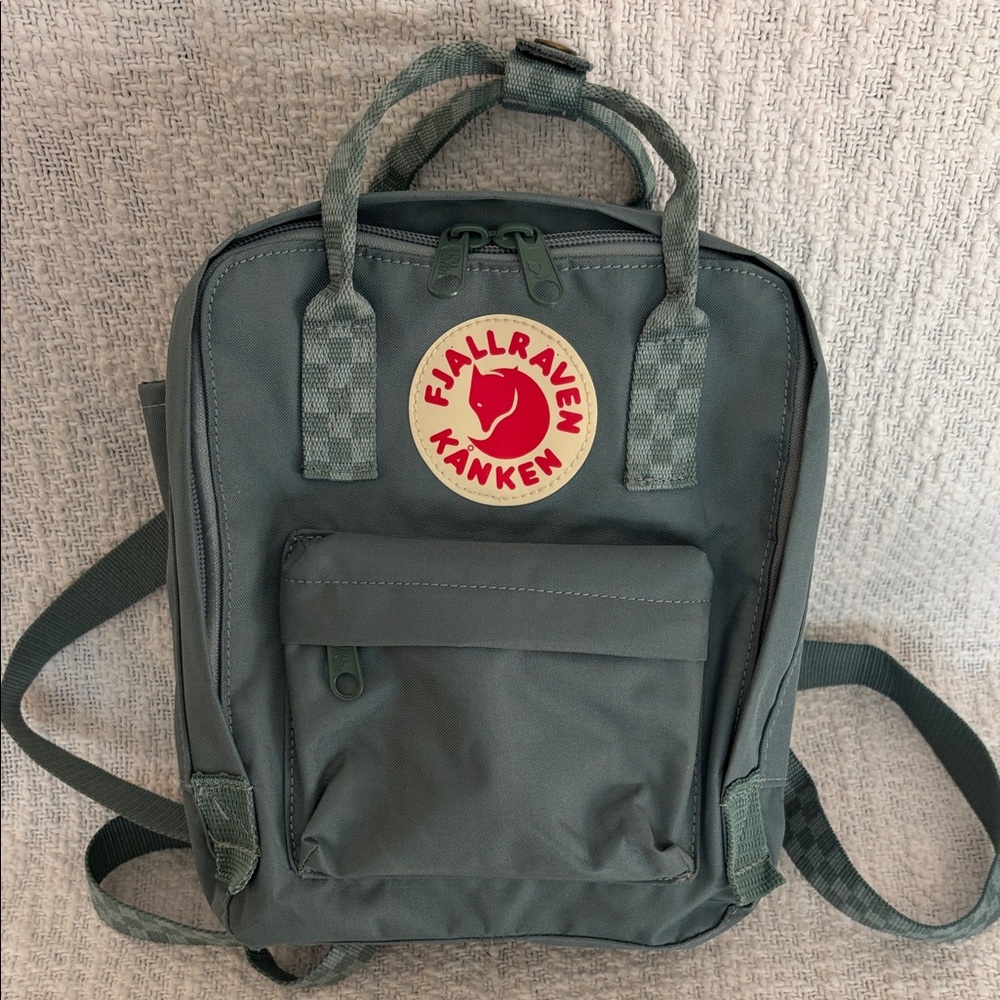 Fjallraven Kånken Mini Mint Green Backpack With Checkered Straps